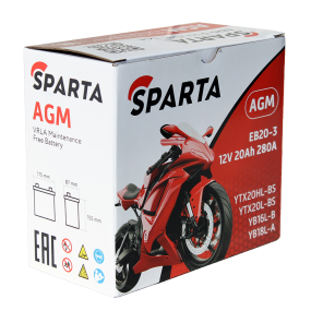 Мотоаккумулятор SPARTA EB20-3 (20 а/ч), YTX20HL-BS, YTX20L-BS, YB16L-B, YB18L-A